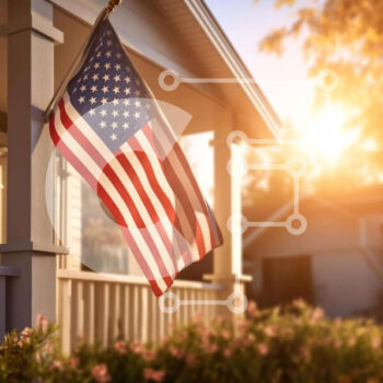 Intra Συλλεκτικό Ξύλινο Παζλ Plywood  4mm - Αμερικανική σημαία στην μπροστινή βεράντα του σπιτιού για τις διακοπές της 4ης Ιουλίου Σε Ξύλινο Κουτί - Διαστάσεις: 10x10 cm – 25 κομμάτια - Image 1