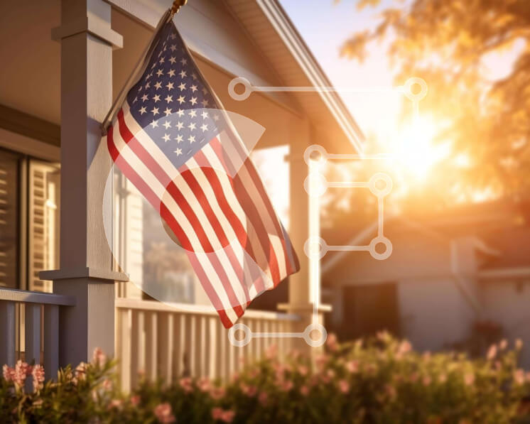 Intra Συλλεκτικό Ξύλινο Παζλ Plywood  4mm - Αμερικανική σημαία στην μπροστινή βεράντα του σπιτιού για τις διακοπές της 4ης Ιουλίου Σε Ξύλινο Κουτί - Διαστάσεις: 10x10 cm – 25 κομμάτια