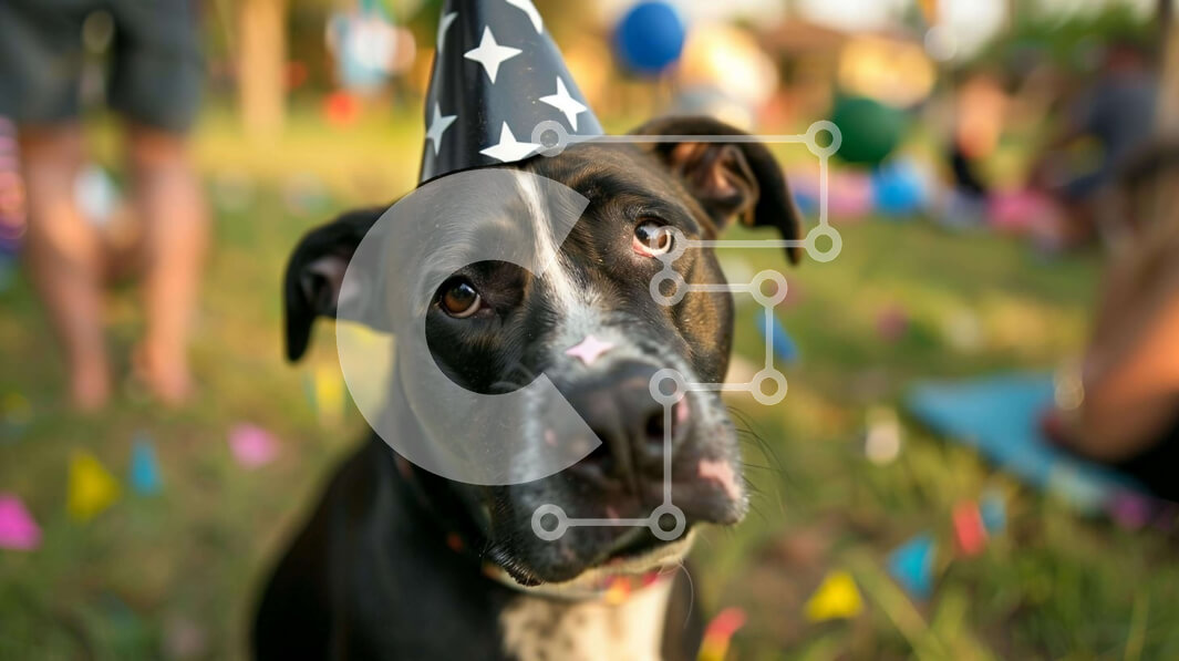 Intra Συλλεκτικό Ξύλινο Παζλ Plywood  4mm - Ασπρόμαυρος σκύλος με ανάποδο καπέλο για πάρτι Σε Ξύλινο Κουτί - Διαστάσεις: 10x10 cm – 25 κομμάτια