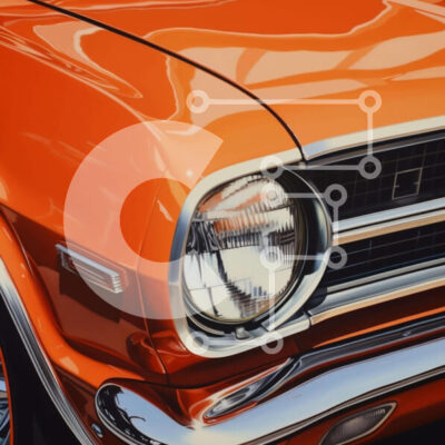 Intra Συλλεκτικό Ξύλινο Παζλ Plywood  4mm - Κοντινό πλάνο ενός κλασικού πορτοκαλί αυτοκινήτου με προβολείς και μάσκα Σε Ξύλινο Κουτί - Διαστάσεις Puzzle: 10x10 cm – 25 κομμάτια - Image 1