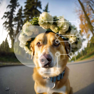 Intra Συλλεκτικό Ξύλινο Παζλ Plywood  4mm - Αξιολάτρευτο σκυλί με κορώνα λουλουδιών που κάθεται στο δρόμο Σε Ξύλινο Κουτί - Διαστάσεις: 10x10 cm – 25 κομμάτια - Image 1