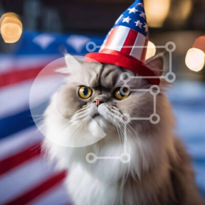 Intra Συλλεκτικό Ξύλινο Παζλ Plywood 4mm - Λευκή γάτα με καπέλο για πάρτι με θέμα την αμερικανική σημαία Σε Ξύλινο Κουτί - Διαστάσεις: 10x10 cm – 25 κομμάτια - Image 1