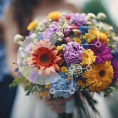 Intra Συλλεκτικό Ξύλινο Παζλ Plywood  4mm - Πολύχρωμο μπουκέτο λουλουδιών που κρατά η νύφη και ο γαμπρός Σε Ξύλινο Κουτί - Διαστάσεις: 10x10 cm – 25 κομμάτια - Image 1