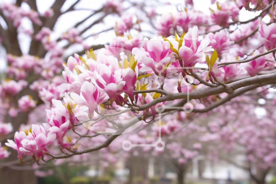 Intra Συλλεκτικό Ξύλινο Παζλ Plywood  4mm - Ροζ δέντρο μανόλιας την άνοιξη με τους ανθρώπους Σε Ξύλινο Κουτί - Διαστάσεις: 10x10 cm – 25 κομμάτια