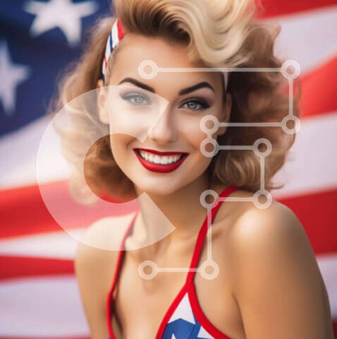 Intra Συλλεκτικό Ξύλινο Παζλ Plywood 4mm - Νεαρή γυναίκα με αμερικανική σημαία μπικίνι που γιορτάζει την 4η Ιουλίου Σε Ξύλινο Κουτί - Διαστάσεις Puzzle: 10x10 cm – 25 κομμάτια - Image 1