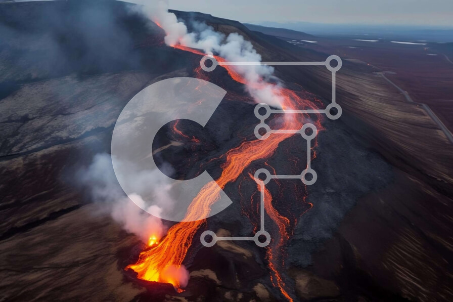 Intra Συλλεκτικό Ξύλινο Παζλ Plywood  4mm - Εναέρια άποψη της ροής λάβας από το ενεργό ηφαίστειο Σε Ξύλινο Κουτί - Διαστάσεις: 10x10 cm – 25 κομμάτια