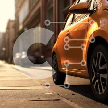 Intra Συλλεκτικό Ξύλινο Παζλ Plywood  4mm - Πορτοκαλί αυτοκίνητο παρκαρισμένο στην οδό της πόλης με πεζούς και κτίρια Σε Ξύλινο Κουτί - Διαστάσεις Puzzle: 10x10 cm – 25 κομμάτια - Image 1