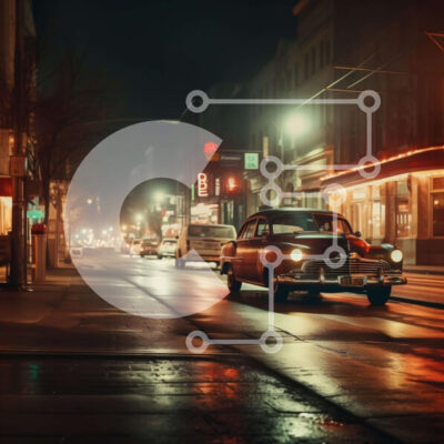 Intra Συλλεκτικό Ξύλινο Παζλ Plywood  4mm - Παλιό αυτοκίνητο που οδηγεί στην οδό της πόλης τη νύχτα Σε Ξύλινο Κουτί - Διαστάσεις Puzzle: 10x10 cm – 25 κομμάτια - Image 1