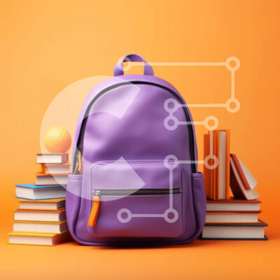 Intra Συλλεκτικό Ξύλινο Παζλ Plywood  4mm - Μωβ σακίδιο πλάτης και βιβλία σε πορτοκαλί φόντο Σε Ξύλινο Κουτί - Διαστάσεις: 10x10 cm – 25 κομμάτια - Image 1