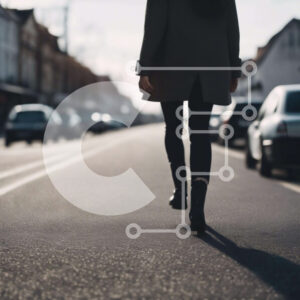 Intra Συλλεκτικό Ξύλινο Παζλ Plywood  4mm - Γυναίκα που περπατά στο δρόμο με σταθμευμένα αυτοκίνητα Σε Ξύλινο Κουτί - Διαστάσεις Puzzle: 10x10 cm – 25 κομμάτια