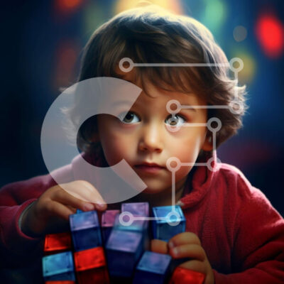 Intra Συλλεκτικό Ξύλινο Παζλ Plywood  4mm - Νεαρό αγόρι που παίζει με πολύχρωμους κύβους Σε Ξύλινο Κουτί - Διαστάσεις Puzzle: 10x10 cm – 25 κομμάτια - Image 1