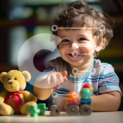 Intra Συλλεκτικό Ξύλινο Παζλ Plywood  4mm - Νεαρό αγόρι που παίζει με αρκουδάκια και ξύλινα παιχνίδια Σε Ξύλινο Κουτί - Διαστάσεις Puzzle: 10x10 cm – 25 κομμάτια - Image 1