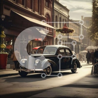 Intra Συλλεκτικό Ξύλινο Παζλ Plywood 4mm - Παλιομοδίτικο μαύρο αυτοκίνητο στην οδό της πόλης Σε Ξύλινο Κουτί - Διαστάσεις Puzzle: 10x10 cm – 25 κομμάτια - Image 1