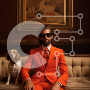 Intra Συλλεκτικό Ξύλινο Παζλ Plywood  4mm - Άνδρας με σκύλο με πορτοκαλί κοστούμι και γυαλιά ηλίου Σε Ξύλινο Κουτί - Διαστάσεις Puzzle: 10x10 cm – 25 κομμάτια