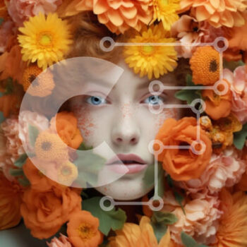 Intra Συλλεκτικό Ξύλινο Παζλ Plywood  4mm - Πορτρέτο ομορφιάς που περιβάλλεται από πορτοκαλί λουλούδια Σε Ξύλινο Κουτί - Διαστάσεις Puzzle: 10x10 cm – 25 κομμάτια - Image 1