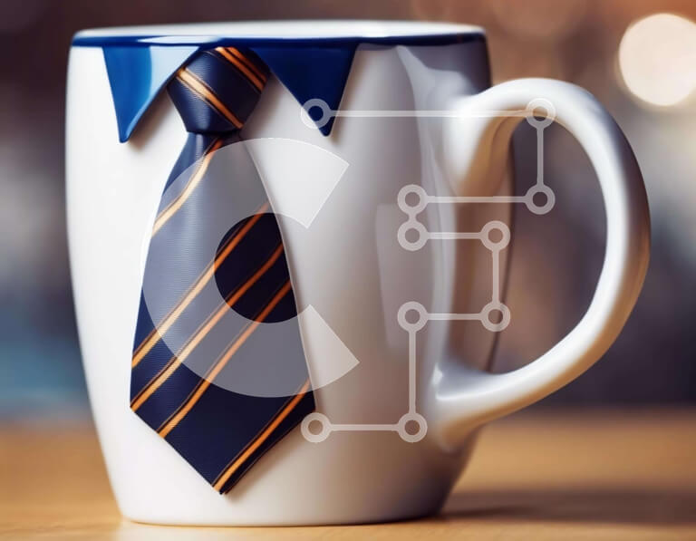 Intra Συλλεκτικό Ξύλινο Παζλ Plywood  4mm - Λευκή κούπα καφέ με πορτοκαλί και μπλε γραβάτα Σε Ξύλινο Κουτί - Διαστάσεις: 10x10 cm – 25 κομμάτια