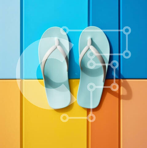 Intra Συλλεκτικό Ξύλινο Παζλ Plywood 4mm - Μπλε σανδάλια σαγιονάρας σε πολύχρωμο φόντο Σε Ξύλινο Κουτί - Διαστάσεις Puzzle: 10x10 cm – 25 κομμάτια - Image 1