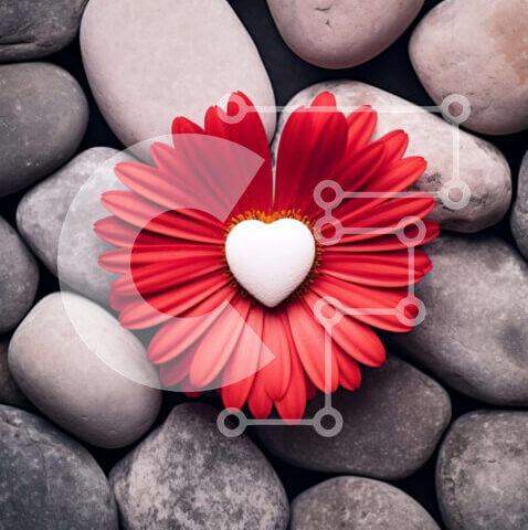 Intra Συλλεκτικό Ξύλινο Παζλ Plywood  4mm - Σκηνή της φύσης με κόκκινο λουλούδι ανάμεσα σε βράχους και πέτρα σε σχήμα καρδιάς Σε Ξύλινο Κουτί - Διαστάσεις: 10x10 cm – 25 κομμάτια - Image 1