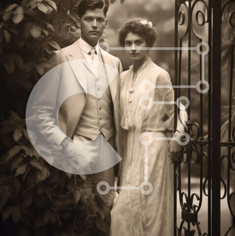 Intra Συλλεκτικό Ξύλινο Παζλ Plywood  4mm - Κομψό ζευγάρι στέκεται δίπλα στην περίτεχνη πύλη Σε Ξύλινο Κουτί - Διαστάσεις Puzzle: 10x10 cm – 25 κομμάτια - Image 1