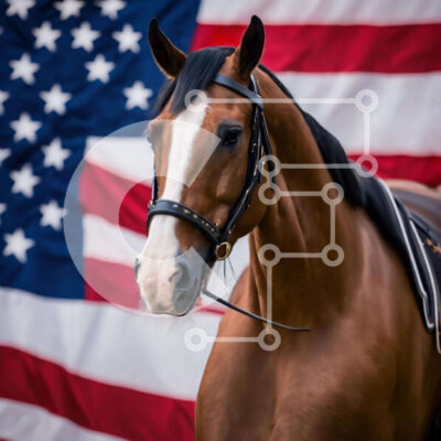 Intra Συλλεκτικό Ξύλινο Παζλ Plywood  4mm - Περιποιημένο καφέ άλογο με φόντο αμερικανικής σημαίας Σε Ξύλινο Κουτί - Διαστάσεις: 10x10 cm – 25 κομμάτια - Image 1