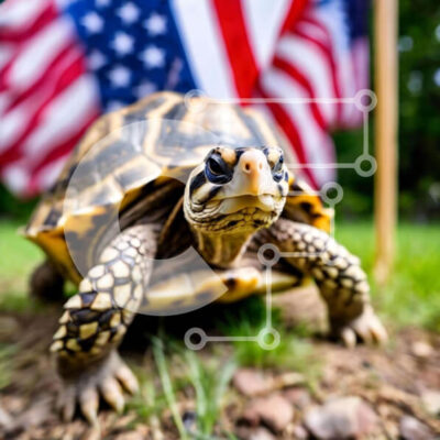 Intra Συλλεκτικό Ξύλινο Παζλ Plywood  4mm - Περίεργη χελώνα μπροστά από την αμερικανική σημαία Σε Ξύλινο Κουτί - Διαστάσεις: 10x10 cm – 25 κομμάτια - Image 1