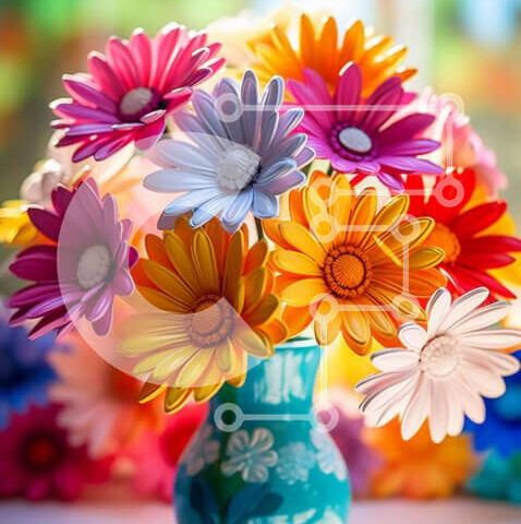 Intra Συλλεκτικό Ξύλινο Παζλ Plywood 4mm - Πολύχρωμα χάρτινα λουλούδια σε μπλε βάζο Σε Ξύλινο Κουτί - Διαστάσεις Puzzle: 10x10 cm – 25 κομμάτια - Image 1