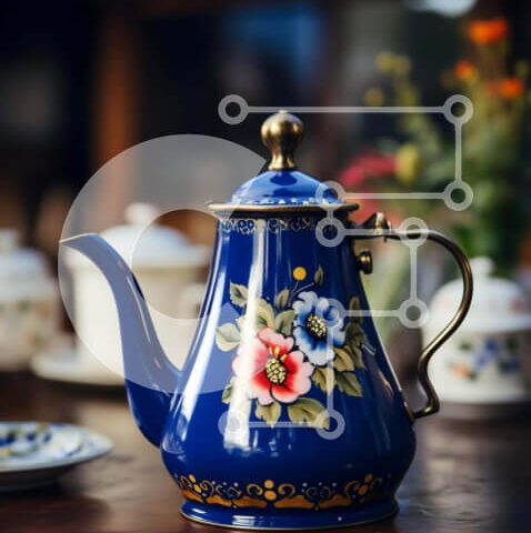 Intra Συλλεκτικό Ξύλινο Παζλ Plywood  4mm - Μπλε τσαγιέρα με φλοράλ σχέδια σε αντίκες ξύλινο τραπέζι Σε Ξύλινο Κουτί - Διαστάσεις: 10x10 cm – 25 κομμάτια - Image 1