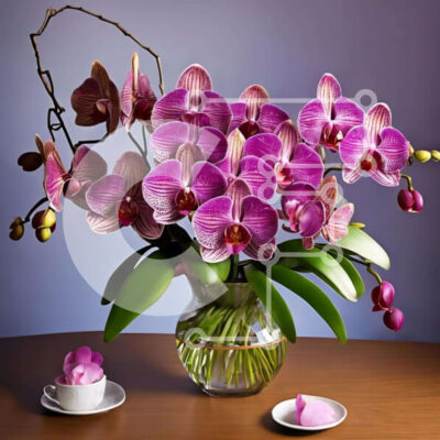 Intra Συλλεκτικό Ξύλινο Παζλ Plywood  4mm - Μωβ ορχιδέες σε ένα διάφανο βάζο σε ένα ξύλινο τραπέζι Σε Ξύλινο Κουτί - Διαστάσεις: 10x10 cm – 25 κομμάτια - Image 1