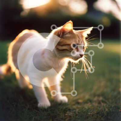 Intra Συλλεκτικό Ξύλινο Παζλ Plywood  4mm - Πορτοκαλί και άσπρη γάτα που περπατά στο χορταριασμένο χωράφι στο βραδινό φως Σε Ξύλινο Κουτί - Διαστάσεις: 10x10 cm – 25 κομμάτια - Image 1