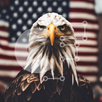 Intra Συλλεκτικό Ξύλινο Παζλ Plywood  4mm - Κοντινό πλάνο φαλακρός αετός με αμερικανική σημαία Σε Ξύλινο Κουτί - Διαστάσεις: 10x10 cm – 25 κομμάτια - Image 1