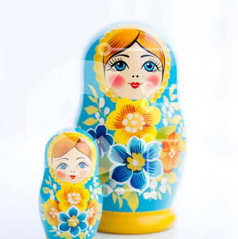 Intra Συλλεκτικό Ξύλινο Παζλ Plywood  4mm - Ρωσικές κούκλες φωλιάσματος με μπλε φόντο και κίτρινα λουλούδια Σε Ξύλινο Κουτί - Διαστάσεις: 10x10 cm – 25 κομμάτια - Image 1