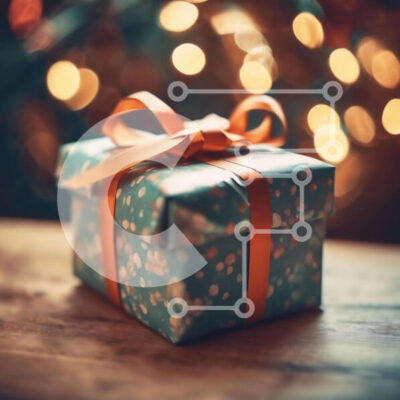 Intra Συλλεκτικό Ξύλινο Παζλ Plywood 4mm - Μπλε Κουτί δώρου με πορτοκαλί κορδέλα και φώτα Bokeh Σε Ξύλινο Κουτί - Διαστάσεις: 10x10 cm – 25 κομμάτια - Image 1