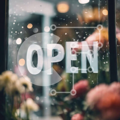 Intra Συλλεκτικό Ξύλινο Παζλ Plywood  4mm - Βιτρίνα με ανοιχτή πινακίδα και μπουκέτα λουλουδιών Σε Ξύλινο Κουτί - Διαστάσεις: 10x10 cm – 25 κομμάτια - Image 1