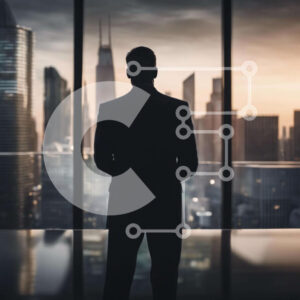 Intra Συλλεκτικό Ξύλινο Παζλ Plywood  4mm - Σιλουέτα ενός επιχειρηματία στο παράθυρο με θέα στον ορίζοντα της πόλης Σε Ξύλινο Κουτί - Διαστάσεις Puzzle: 10x10 cm – 25 κομμάτια