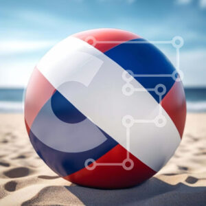 Intra Συλλεκτικό Ξύλινο Παζλ Plywood  4mm - Κόκκινη, λευκή και μπλε μπάλα παραλίας στην αμμώδη ακτή Σε Ξύλινο Κουτί - Διαστάσεις Puzzle: 10x10 cm – 25 κομμάτια