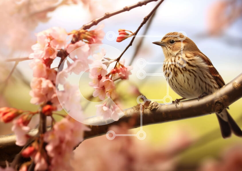 Intra Συλλεκτικό Ξύλινο Παζλ Plywood  4mm - Μικρό πουλί σκαρφαλωμένο σε ροζ ανθισμένο κλαδί δέντρου Σε Ξύλινο Κουτί - Διαστάσεις: 10x10 cm – 25 κομμάτια