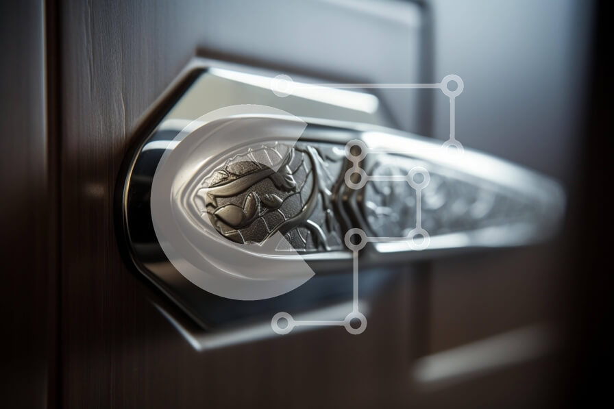 Intra Συλλεκτικό Ξύλινο Παζλ Plywood  4mm - Κοντινό πλάνο διακοσμητικό μεταλλικό χερούλι πόρτας με floral σχέδια Σε Ξύλινο Κουτί - Διαστάσεις Puzzle: 10x10 cm – 25 κομμάτια