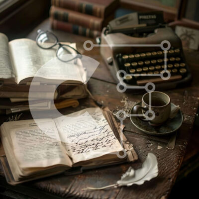 Intra Συλλεκτικό Ξύλινο Παζλ Plywood  4mm - Vintage γραφομηχανή και βιβλία σε ένα τραπέζι Σε Ξύλινο Κουτί - Διαστάσεις: 10x10 cm – 25 κομμάτια - Image 1