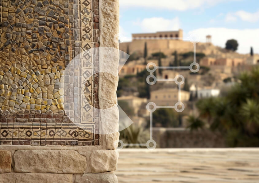 Intra Συλλεκτικό Ξύλινο Παζλ Plywood  4mm - Πέτρινος τοίχος με περίτεχνα πλακάκια και δέντρα Σε Ξύλινο Κουτί - Διαστάσεις: 10x10 cm – 25 κομμάτια