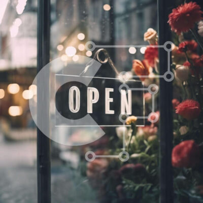 Intra Συλλεκτικό Ξύλινο Παζλ Plywood  4mm - Βιτρίνα με ανοιχτή πινακίδα και λουλούδια Σε Ξύλινο Κουτί - Διαστάσεις Puzzle: 10x10 cm – 25 κομμάτια - Image 1