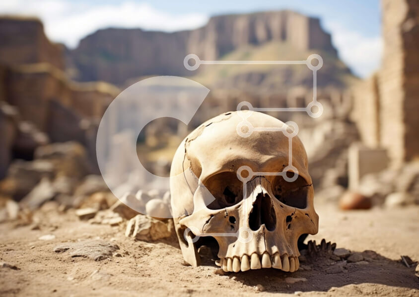 Intra Συλλεκτικό Ξύλινο Παζλ Plywood  4mm - Κρανίο μπροστά από αρχαία ερείπια Σε Ξύλινο Κουτί - Διαστάσεις Puzzle: 10x10 cm – 25 κομμάτια