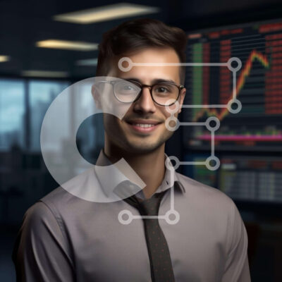 Intra Συλλεκτικό Ξύλινο Παζλ Plywood  4mm - Άνδρας στο γραφείο με οθόνες δεδομένων χρηματιστηρίου και επαγγελματικές κάρτες Σε Ξύλινο Κουτί - Διαστάσεις Puzzle: 10x10 cm – 25 κομμάτια - Image 1