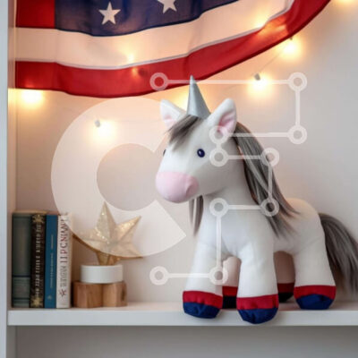 Intra Συλλεκτικό Ξύλινο Παζλ Plywood  4mm - Γεμιστός μονόκερος σε αμερικανική σημαία και ράφι Σε Ξύλινο Κουτί - Διαστάσεις Puzzle: 10x10 cm – 25 κομμάτια - Image 1