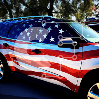 Intra Συλλεκτικό Ξύλινο Παζλ Plywood 4mm - Κόκκινο, λευκό και μπλε SUV με αμερικανική σημαία Σε Ξύλινο Κουτί - Διαστάσεις Puzzle: 10x10 cm – 25 κομμάτια - Image 1