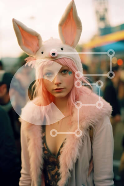 Intra Συλλεκτικό Ξύλινο Παζλ Plywood  4mm - Νεαρή γυναίκα με ροζ μαλλιά και καπέλο με αυτιά λαγουδάκι σε υπαίθρια εκδήλωση Σε Ξύλινο Κουτί - Διαστάσεις Puzzle: 10x10 cm – 25 κομμάτια