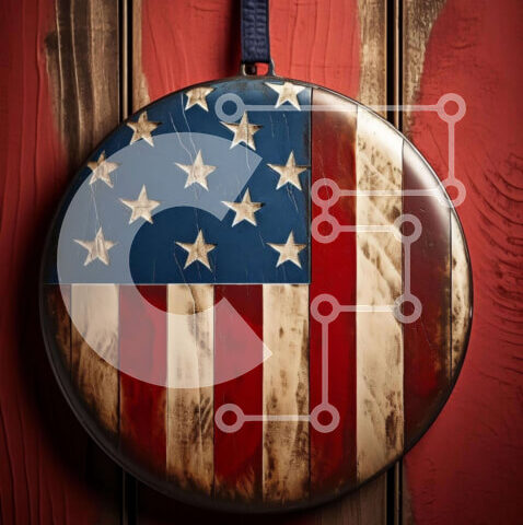 Intra Συλλεκτικό Ξύλινο Παζλ Plywood 4mm - Στολίδι σε σχήμα αμερικανικής σημαίας σε κόκκινο ξύλινο τοίχο Σε Ξύλινο Κουτί - Διαστάσεις Puzzle: 10x10 cm – 25 κομμάτια - Image 1