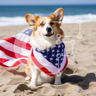 Intra Συλλεκτικό Ξύλινο Παζλ Plywood  4mm - Σκύλος Corgi στην παραλία με αμερικανική σημαία Bandana Σε Ξύλινο Κουτί - Διαστάσεις Puzzle: 10x10 cm – 25 κομμάτια - Image 1