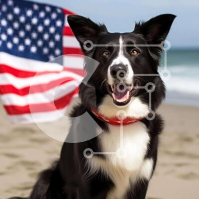 Intra Συλλεκτικό Ξύλινο Παζλ Plywood  4mm - Ευτυχισμένος ασπρόμαυρος σκύλος στην παραλία με την αμερικανική σημαία Σε Ξύλινο Κουτί - Διαστάσεις: 10x10 cm – 25 κομμάτια - Image 1