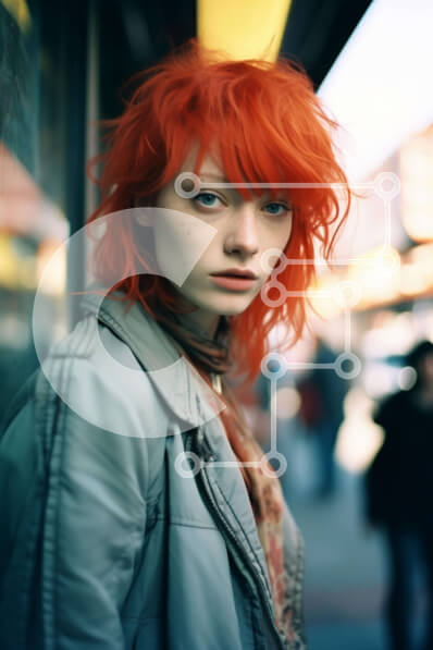 Intra Συλλεκτικό Ξύλινο Παζλ Plywood  4mm - Νεαρή γυναίκα με κόκκινα μαλλιά που στέκεται στην οδό της πόλης Σε Ξύλινο Κουτί - Διαστάσεις Puzzle: 10x10 cm – 25 κομμάτια