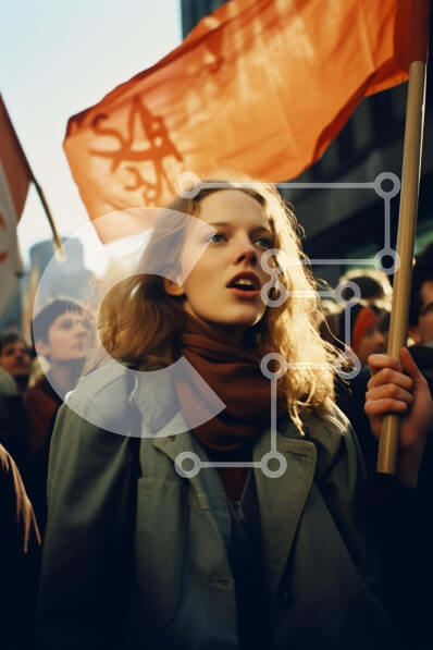 Intra Συλλεκτικό Ξύλινο Παζλ Plywood  4mm - Γυναίκα που κρατά πορτοκαλί σημαία σε διαμαρτυρία ή συγκέντρωση Σε Ξύλινο Κουτί - Διαστάσεις Puzzle: 10x10 cm – 25 κομμάτια